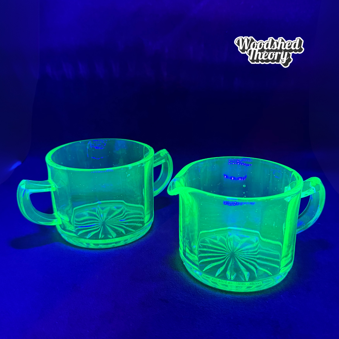 Vaseline Uranium Glass Cream and Sugar Bowl Set glowing front
