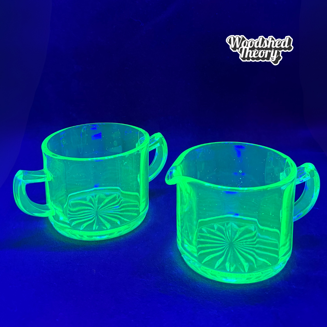Vaseline Uranium Glass Cream and Sugar Bowl Set glowing