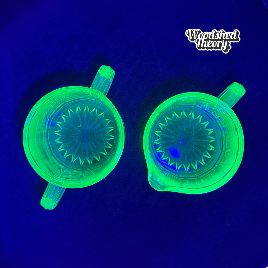 Vaseline Uranium Glass Cream and Sugar Bowl Set top down glowing