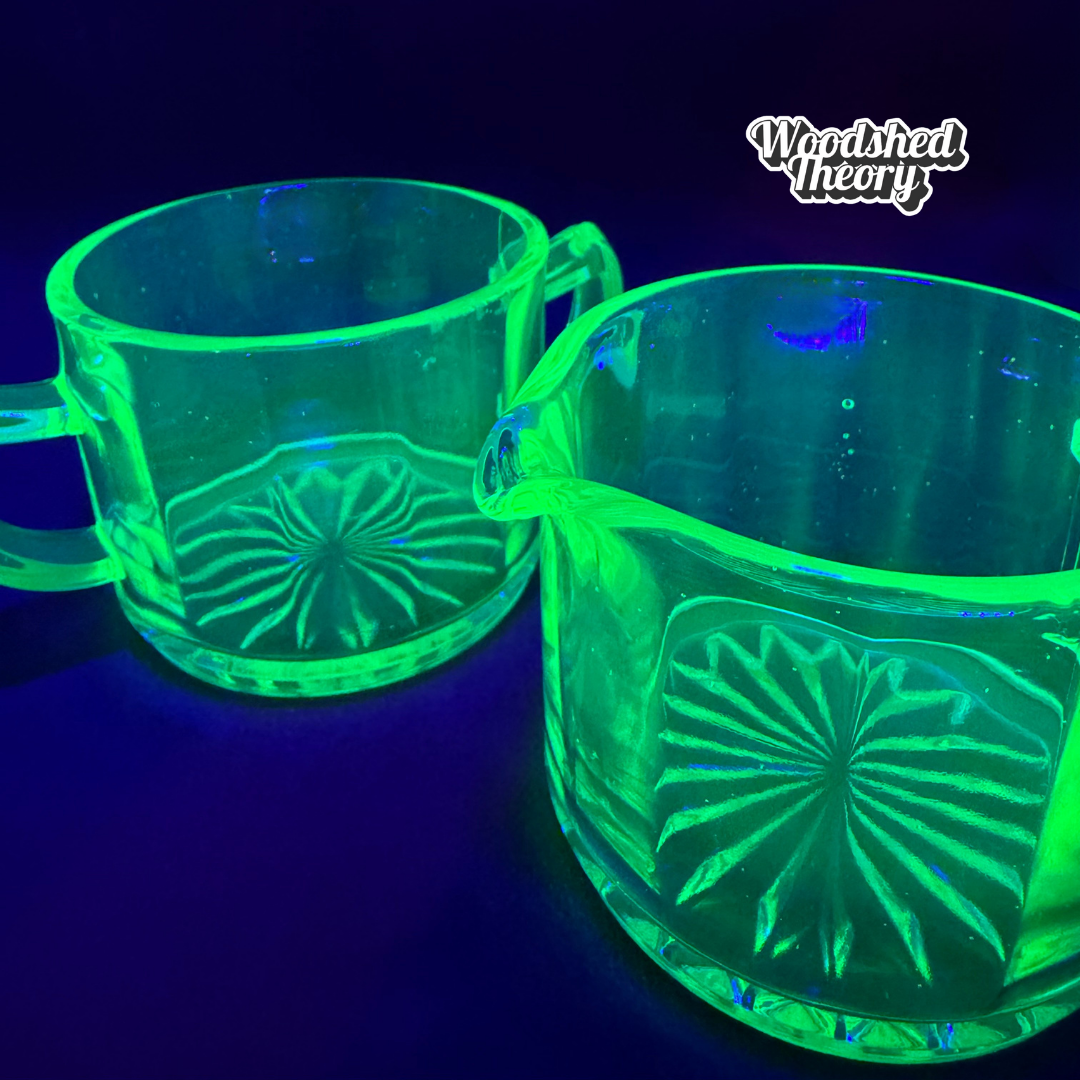 Vaseline Uranium Glass Cream and Sugar Bowl Set close up