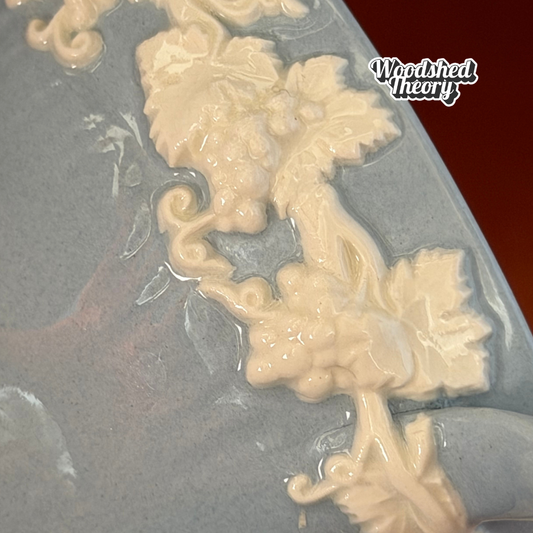 Vintage 1957 Wedgwood Blue & White Grapevine Teacup and Saucer Set close up