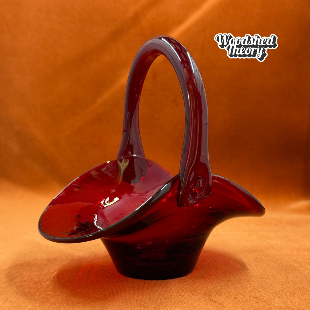 Vintage 6" Hand Blown Glass Basket Ruby Red w/Applied Handle side