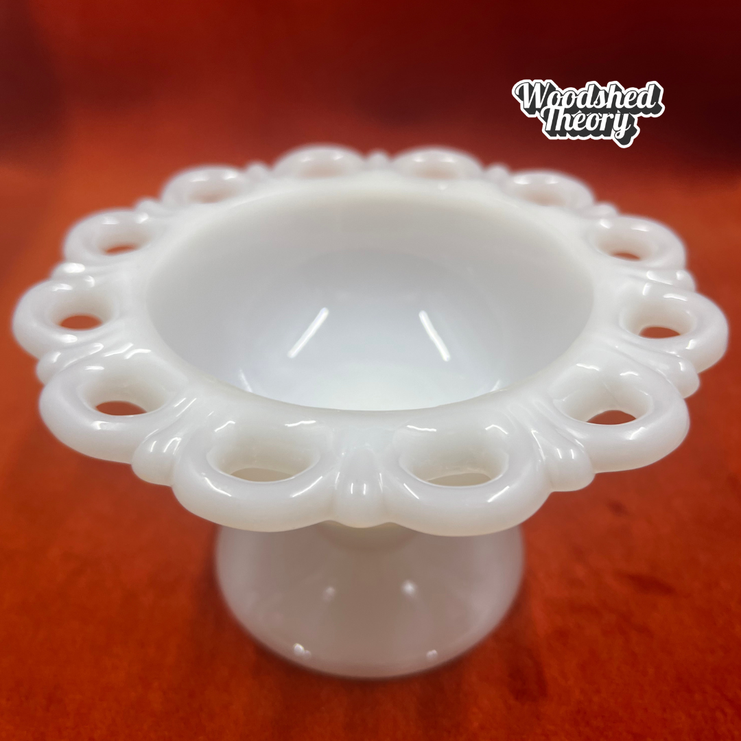 Vintage Anchor Hocking Old Colony open lace milk glass pedestal compote bowl