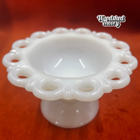 Vintage Anchor Hocking Old Colony open lace milk glass pedestal compote bowl