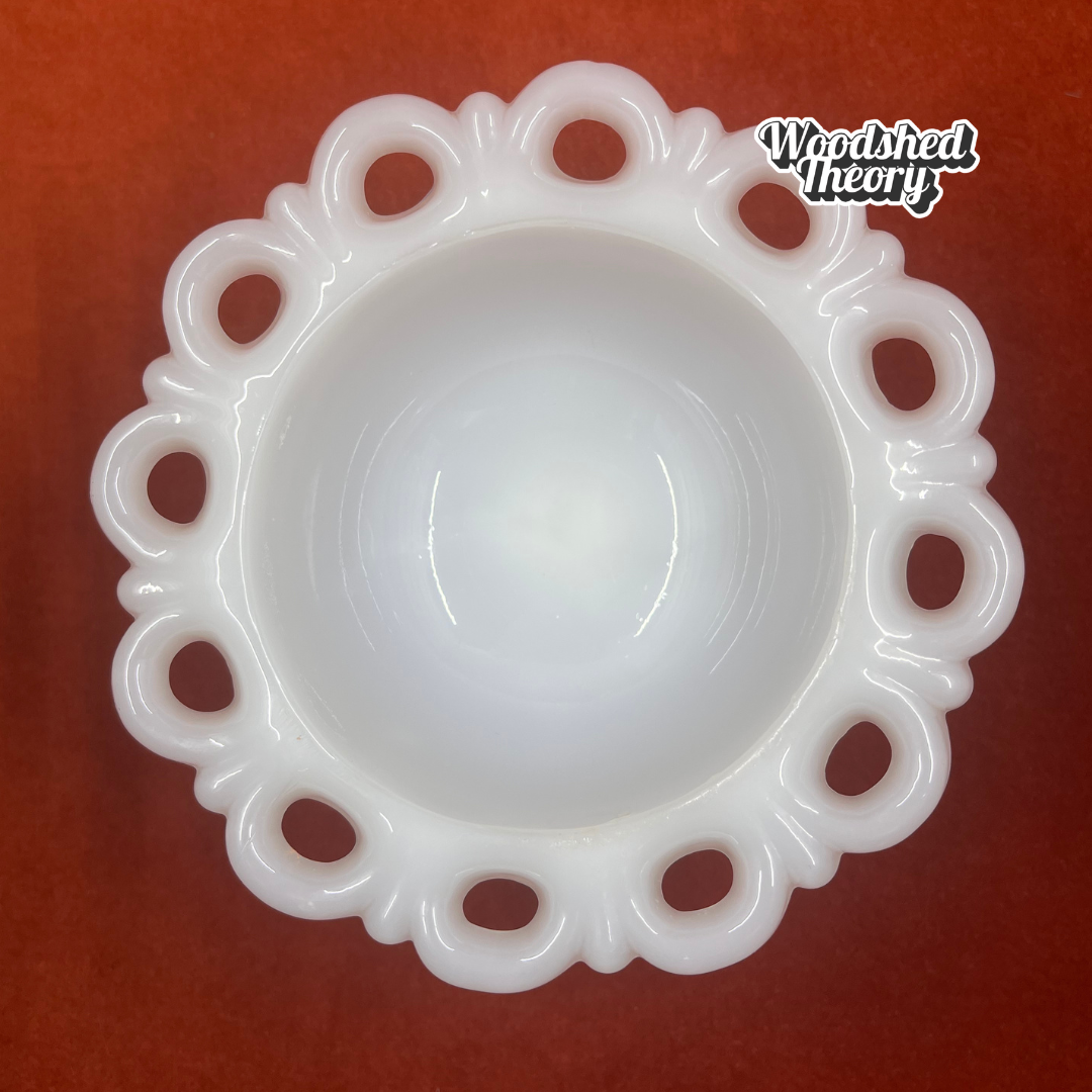 Vintage Anchor Hocking Old Colony open lace milk glass pedestal compote bowl