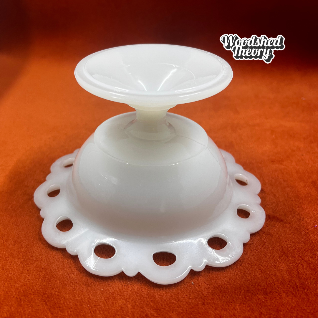 Vintage Anchor Hocking Old Colony open lace milk glass pedestal compote bowl