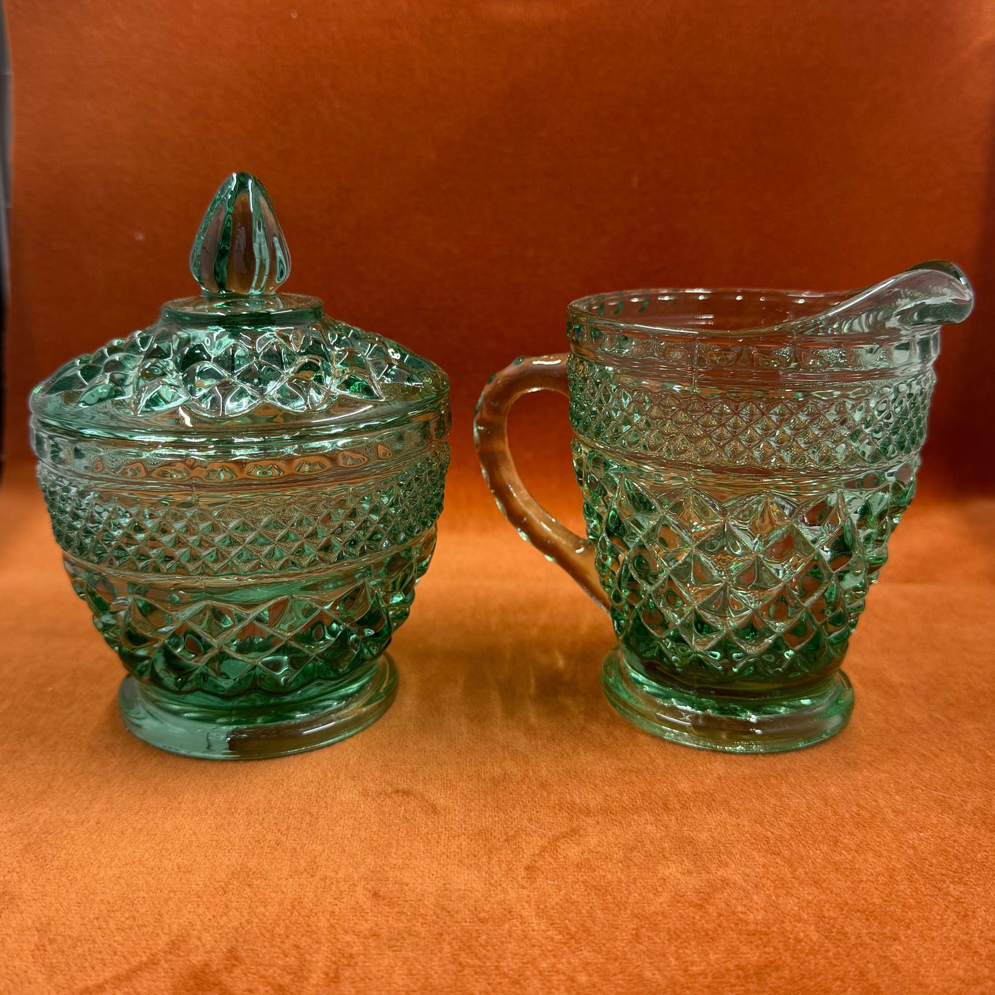 Vintage Anchor Hocking Wexford Green Glass Creamer and Sugar