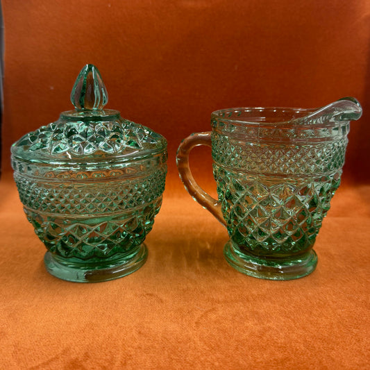 Vintage Anchor Hocking Wexford Green Glass Creamer and Sugar