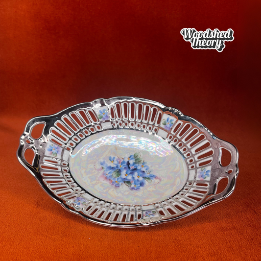 Vintage Bavaria Lusterware Ring Dish – Silver Trim, Blue Forget-Me-Nots, Reticulated Edge, Signed Jorgensen front