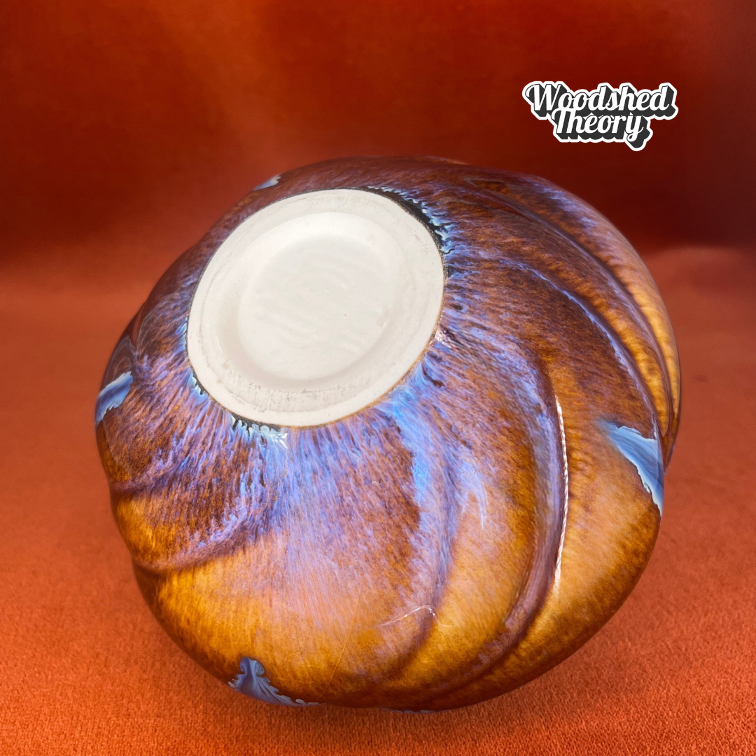 Vintage Bill Campbell swirl vase with flambeau glaze, collectible American studio pottery bottom