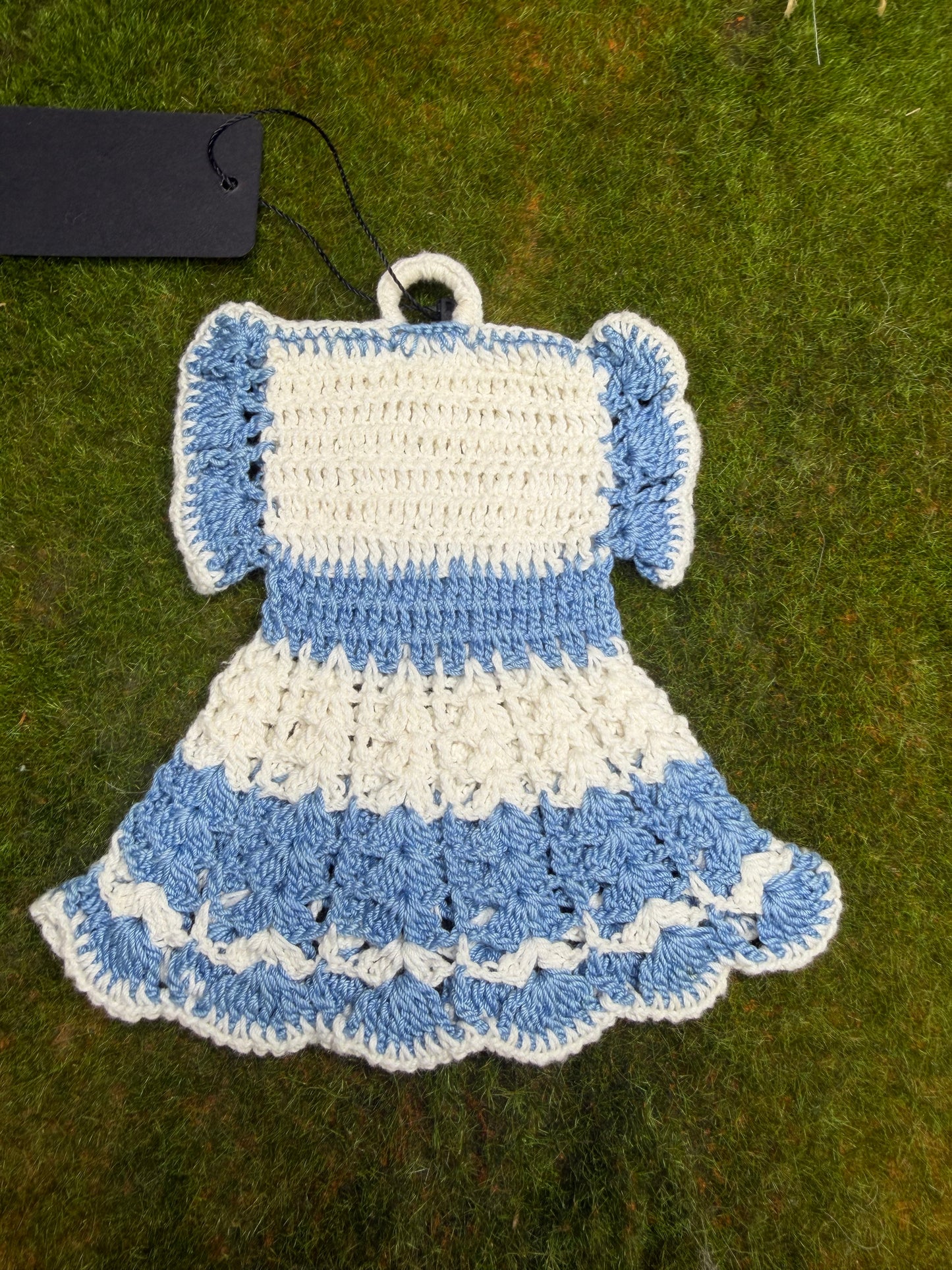 Vintage Crochet Pot Holder Blue Dress back