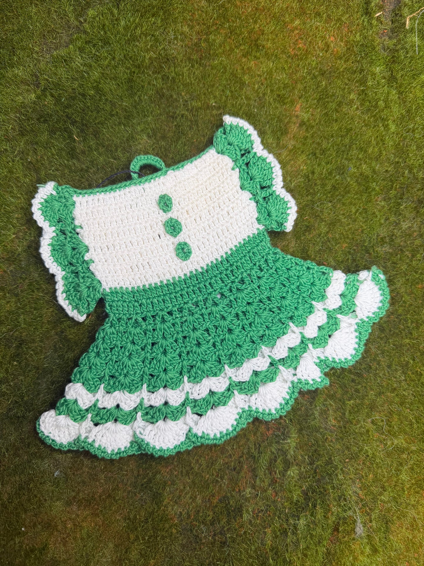 Vintage Crochet Pot Holder Green Dress front