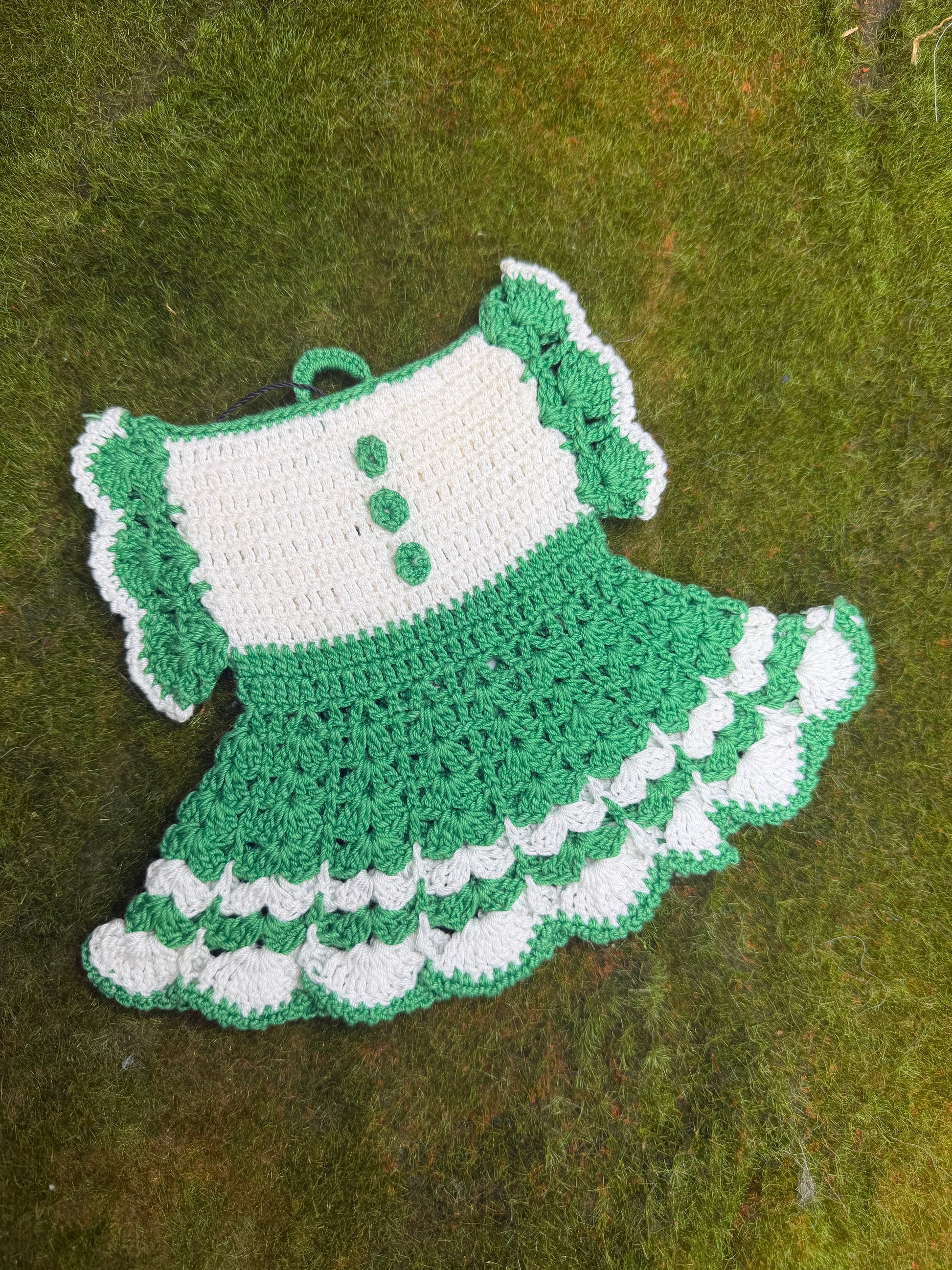 Vintage Crochet Pot Holder Green Dress front