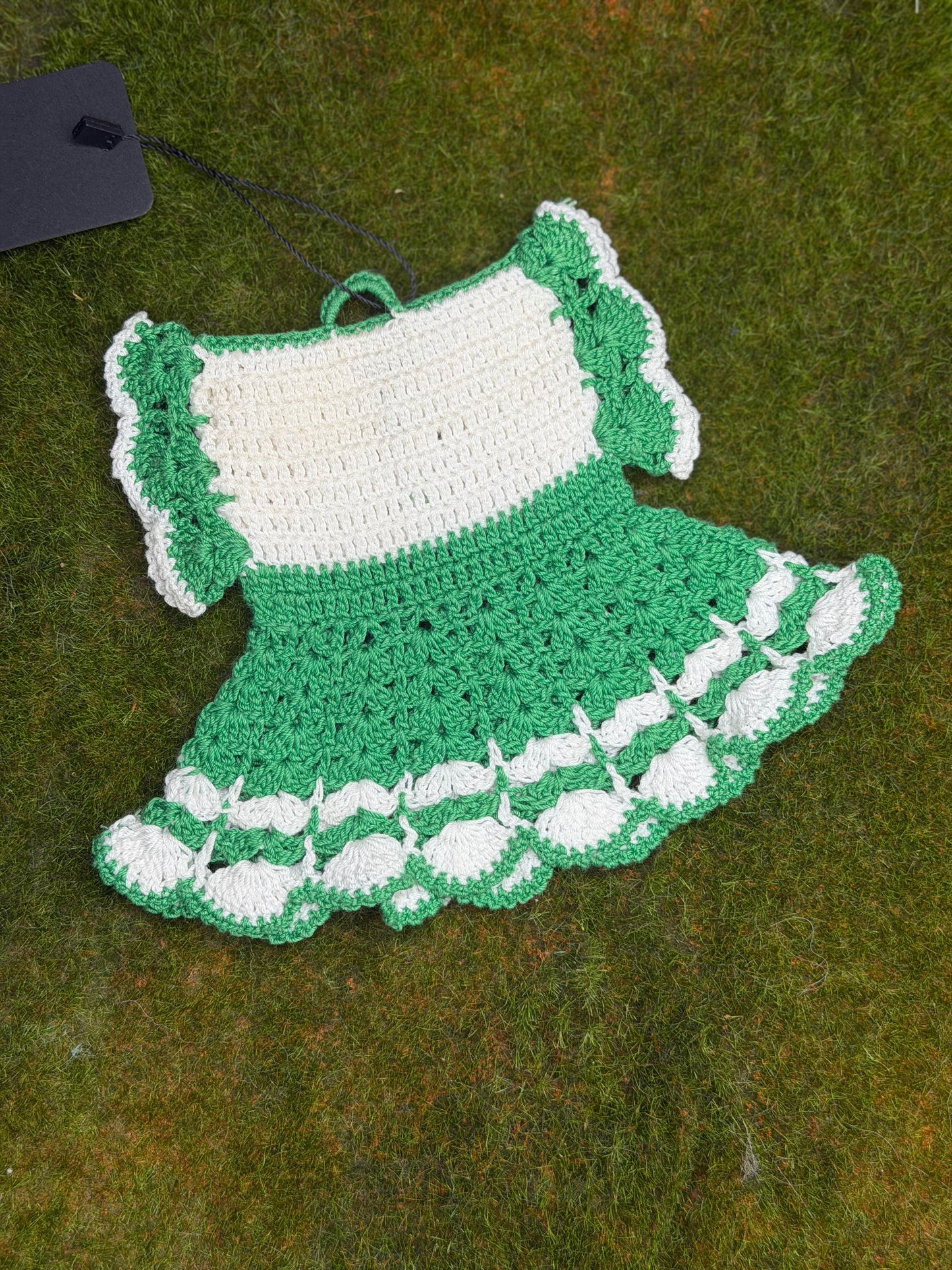 Vintage Crochet Pot Holder Green Dress back