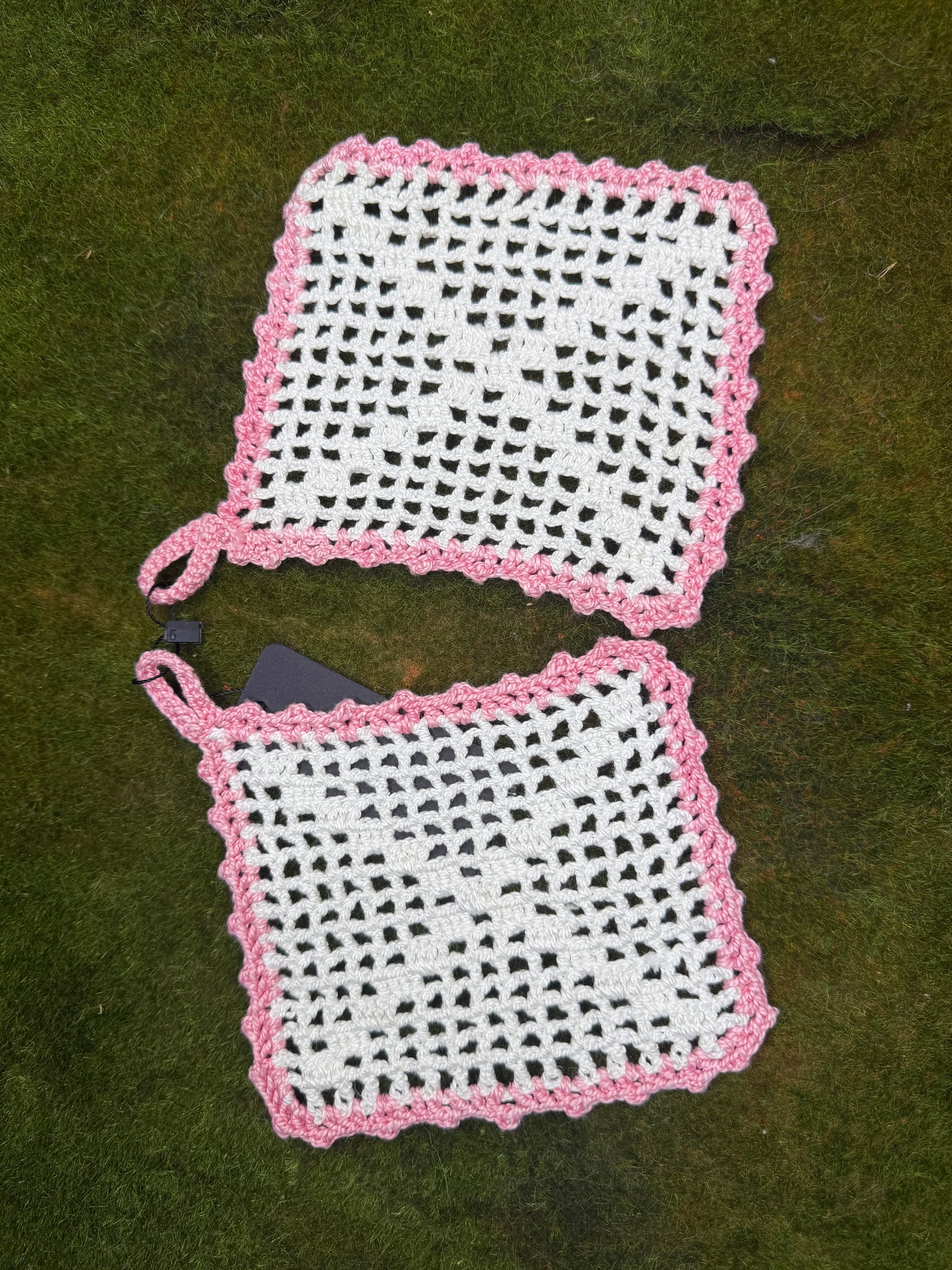 Vintage Crochet Pot Holders Set of 2 Squares white and pink