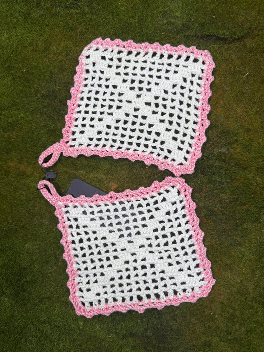 Vintage Crochet Pot Holders Set of 2 Squares white and pink