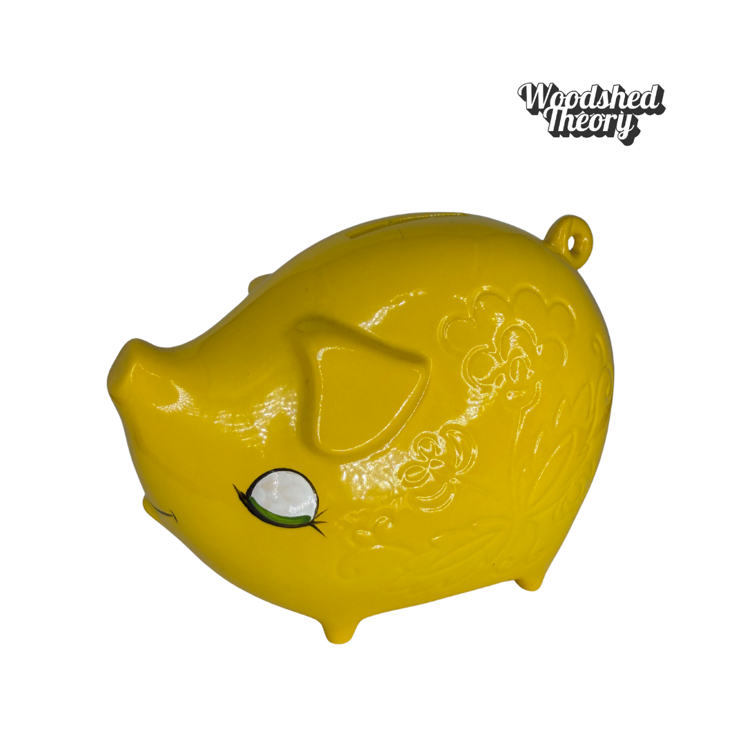 Vintage Japanese Yellow Piggy Bank with Floral Motif 1970s side