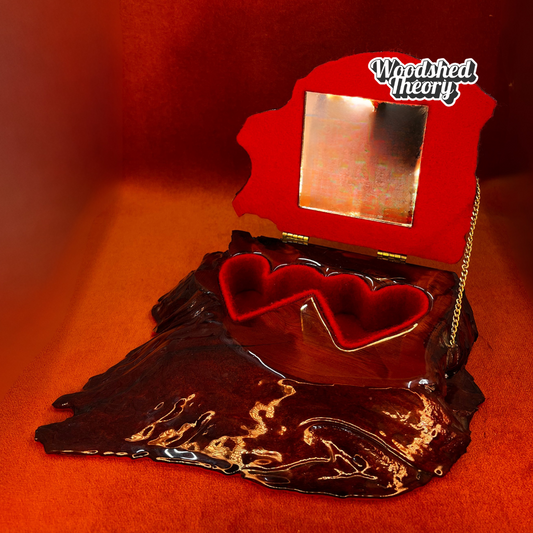 Vintage Mid-Century Modern wood stump jewelry box with shellac glaze, “I Love You” on the lid, and heart-shaped compartments inside. open with mirror and hearts showing