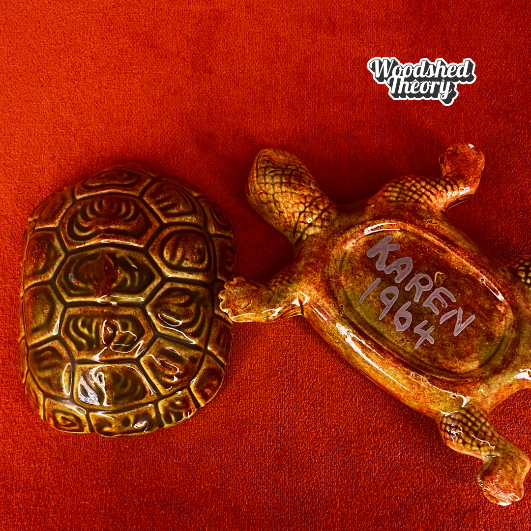 Vintage Turtle Trinket Box – Hand Painted 1964 Hobby Craft, Green & Brown Tones signed Karen 1964