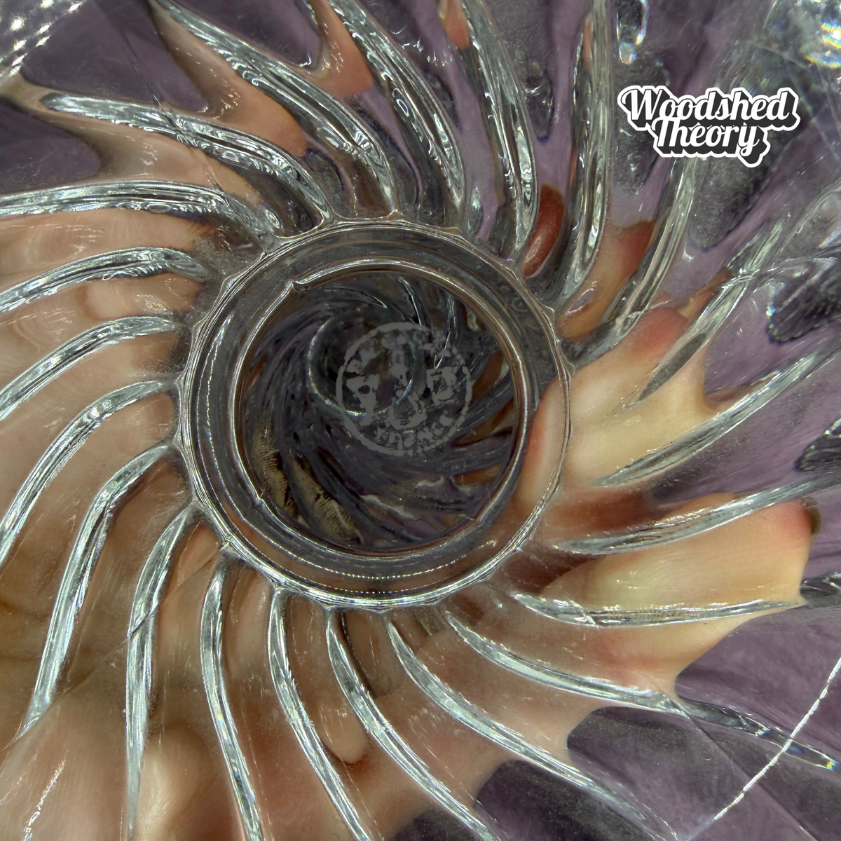 A close-up of a clear glass bowl or tumbler with a spiral ribbed design, showing a hand inside the center. The glass has a purple tint in the surrounding reflections, and a 'Woodshed Theory' logo is visible in the top right corner.