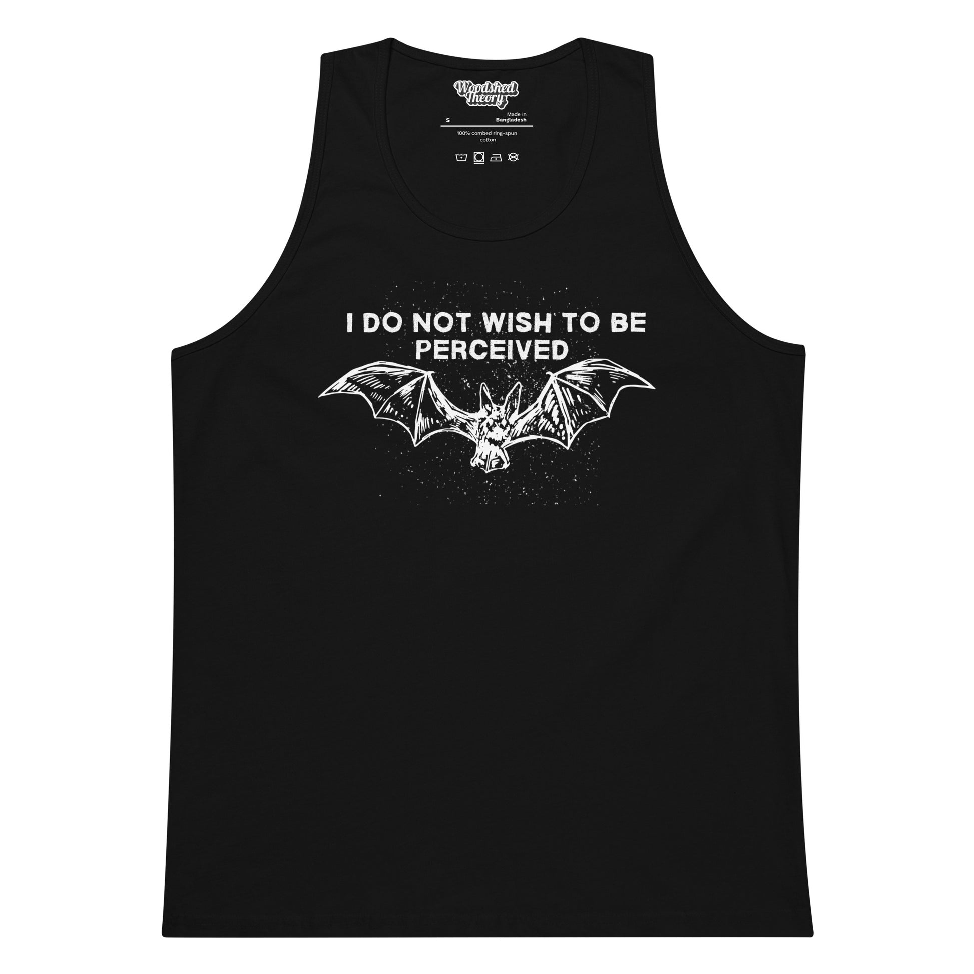 Black cotton tank top with white text reading 'I Do Not Wish To Be Perceived' — relaxed-fit graphic top from Woodshed Theory color black flat front
