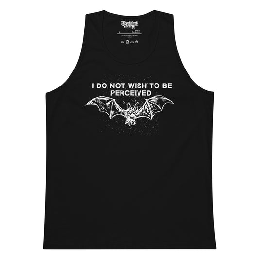 Black cotton tank top with white text reading 'I Do Not Wish To Be Perceived' — relaxed-fit graphic top from Woodshed Theory color black flat front
