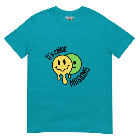  t-shirt with yellow melting smiley face and neutral face behind it, with text 'It’s Called Masking' — neurodivergent graphic tee from Woodshed Theory color tropical blue flat front