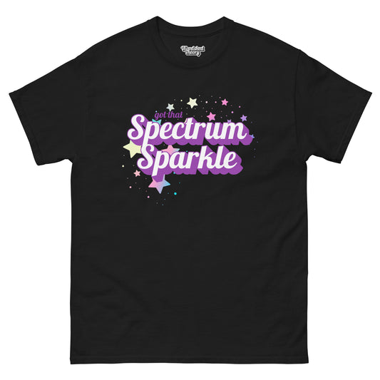 t-shirt with colorful text that reads 'Got That Spectrum Sparkle' — neurodiversity pride graphic tee by Woodshed Theory color purple front flat 