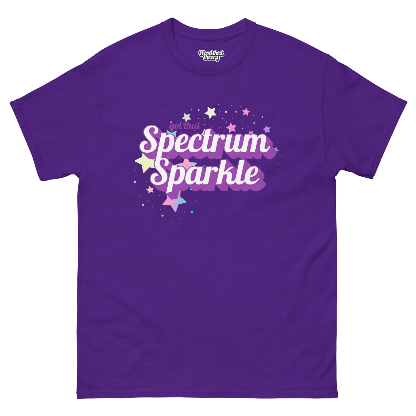 t-shirt with colorful text that reads 'Got That Spectrum Sparkle' — neurodiversity pride graphic tee by Woodshed Theory color purple front flat 