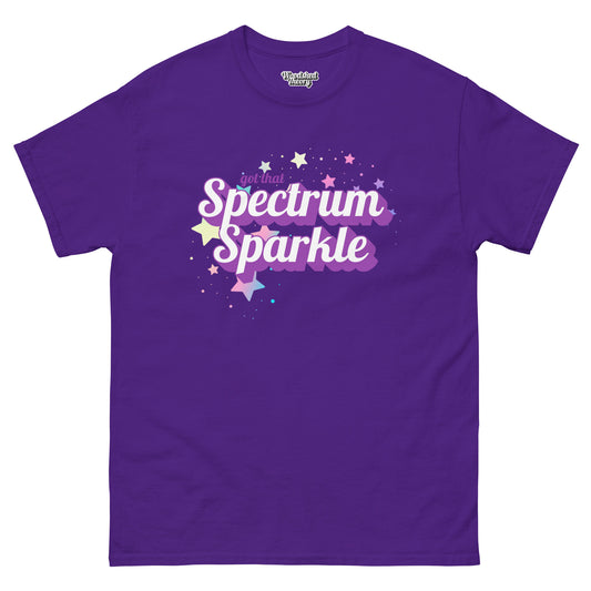 t-shirt with colorful text that reads 'Got That Spectrum Sparkle' — neurodiversity pride graphic tee by Woodshed Theory color purple front flat 