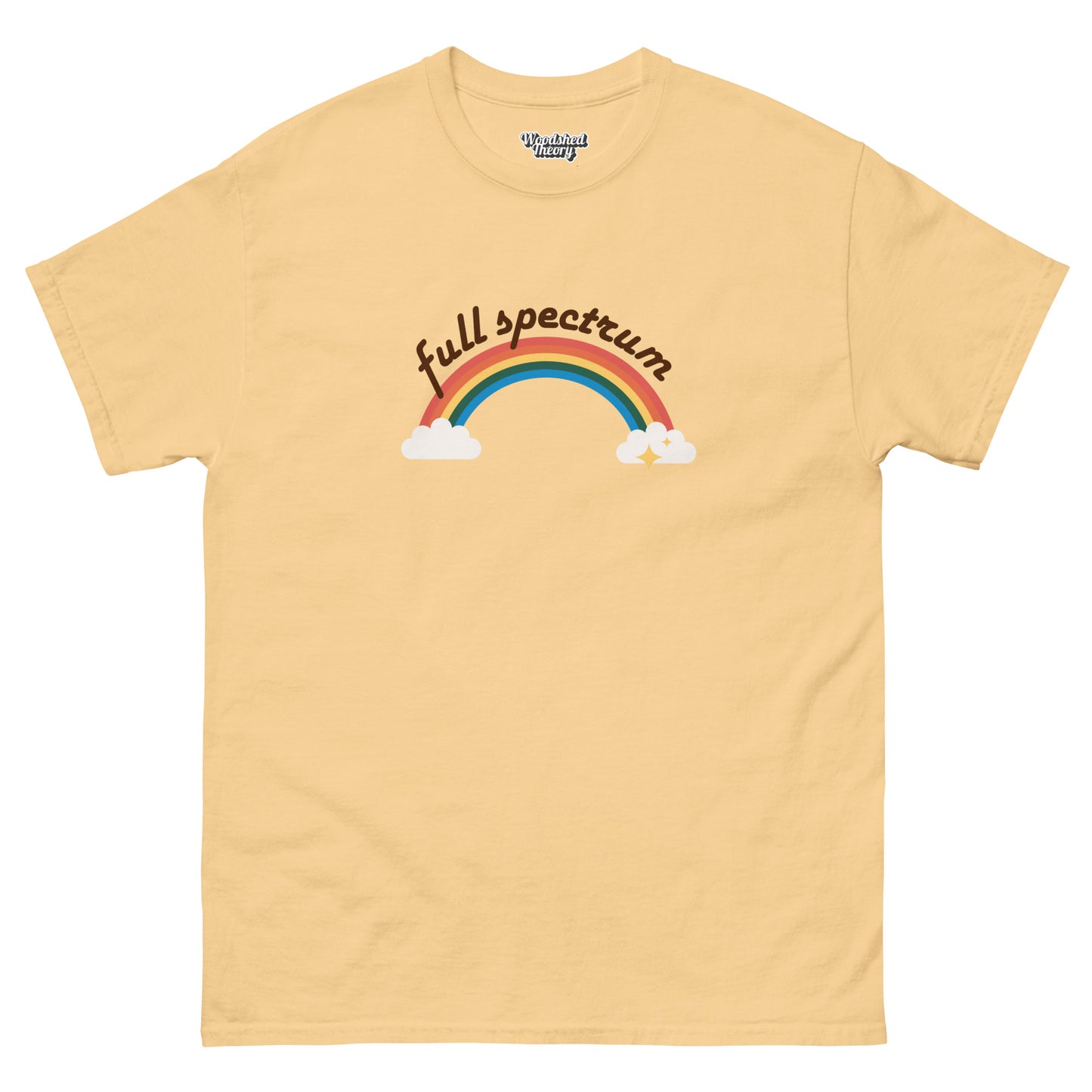 t-shirt with retro rainbow and text 'Full Spectrum' — inclusive neurodivergent graphic tee by Woodshed Theory color yellow haze front flat 