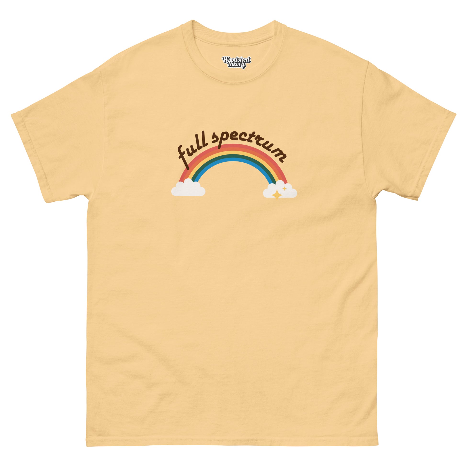 t-shirt with retro rainbow and text 'Full Spectrum' — inclusive neurodivergent graphic tee by Woodshed Theory color yellow haze front flat 