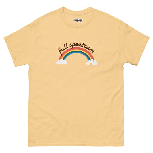 t-shirt with retro rainbow and text 'Full Spectrum' — inclusive neurodivergent graphic tee by Woodshed Theory color yellow haze front flat 